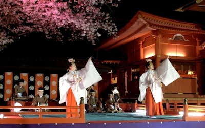 在静冈县富士宫市"富士山本宫浅间大社樱花季雅乐演奏会"表演的"丰荣之舞"中体验日本的传统。富有闲雅风情的雅乐演奏也是一大亮点！