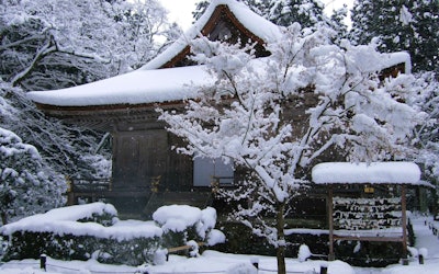 Snow Falling Serenely at Ohara Sanzenin Temple in Winter. Discover Summer and Seasonal Highlights at This Peaceful Sanctuary in Kyoto
