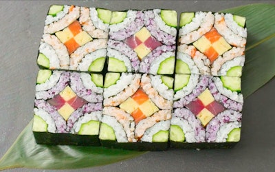 Beautiful artistic cross-sections! Video of how to make a decorative sushi roll, the Shikai Maki, in this video! Want to add a gorgeous dish to your celebration or party?